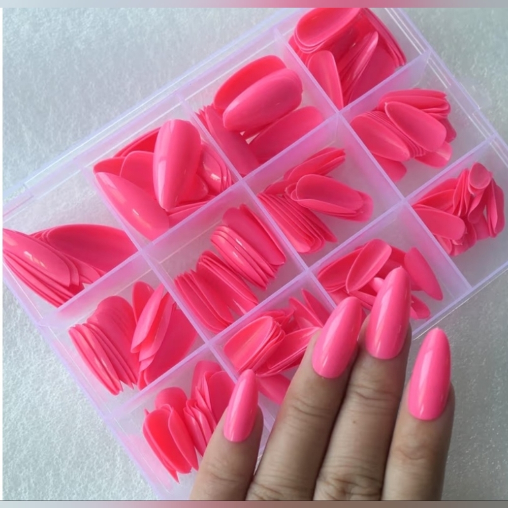 Acrylic Nails Fake Tips Press Ons ALMOND STILETTO 250 Assorted Sizes HOT PINK